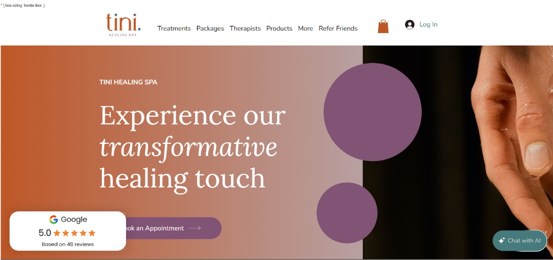 tini healing spa homepage